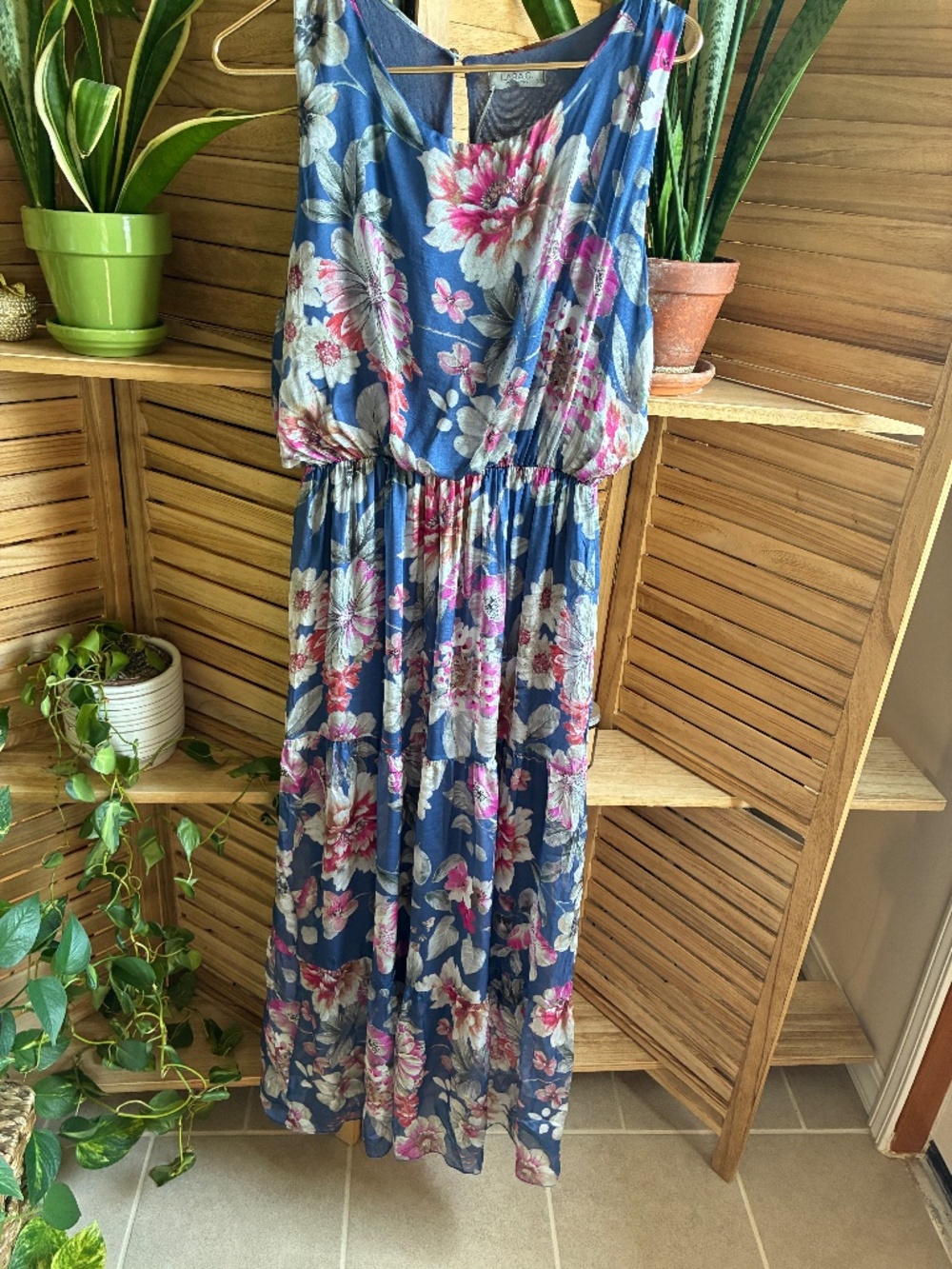 LARA C. Made in Italy Silk Blend Denim Floral Maxi Dress – Size XL